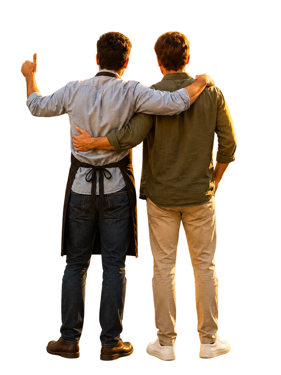 A shop owner and his friend looking proudly at his restaurant